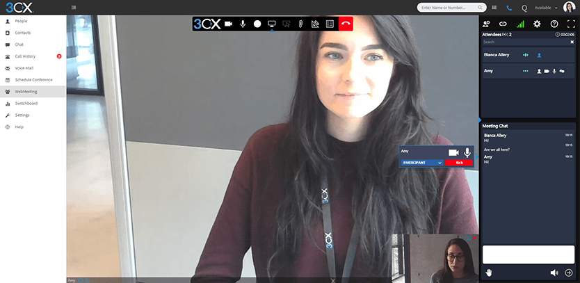 cloud telefonanlage 3cx screenshot von einer webmeeting videokonferenz von zwei teilnehmern mit chat fenster
